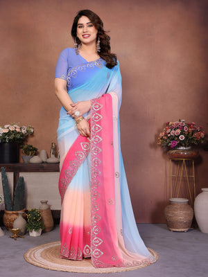 Multicolor Georgette Party Wear Saree with Designer Embroidered Border - Image 1
