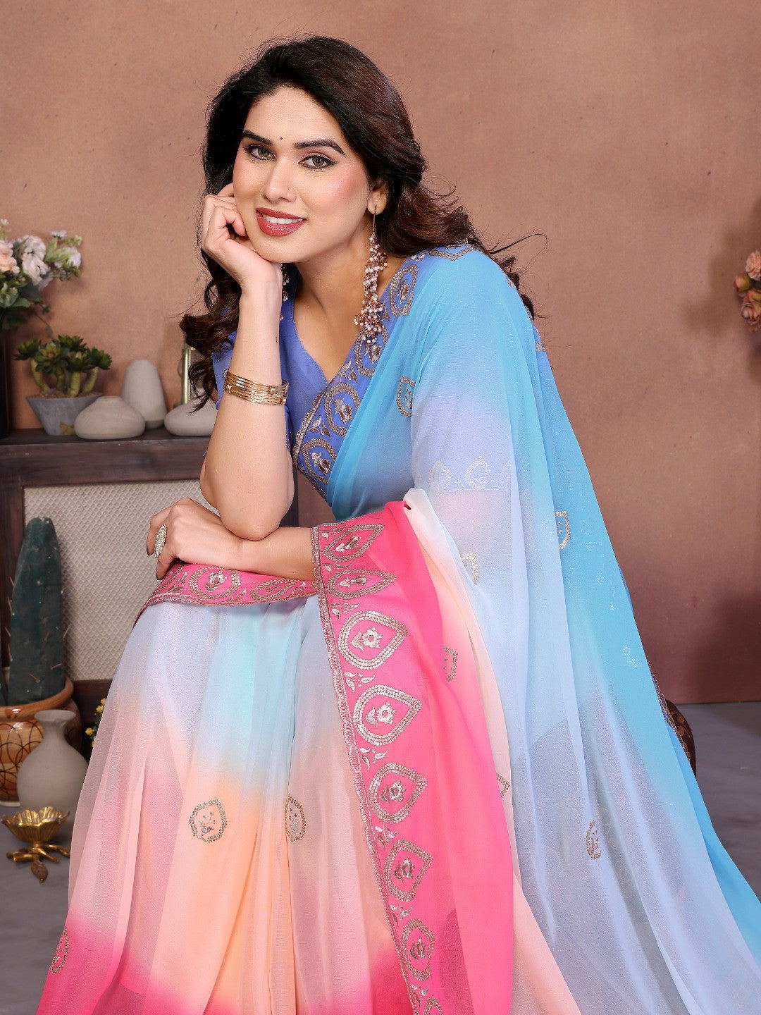 Multicolor Georgette Party Wear Saree with Designer Embroidered Border - Image 4