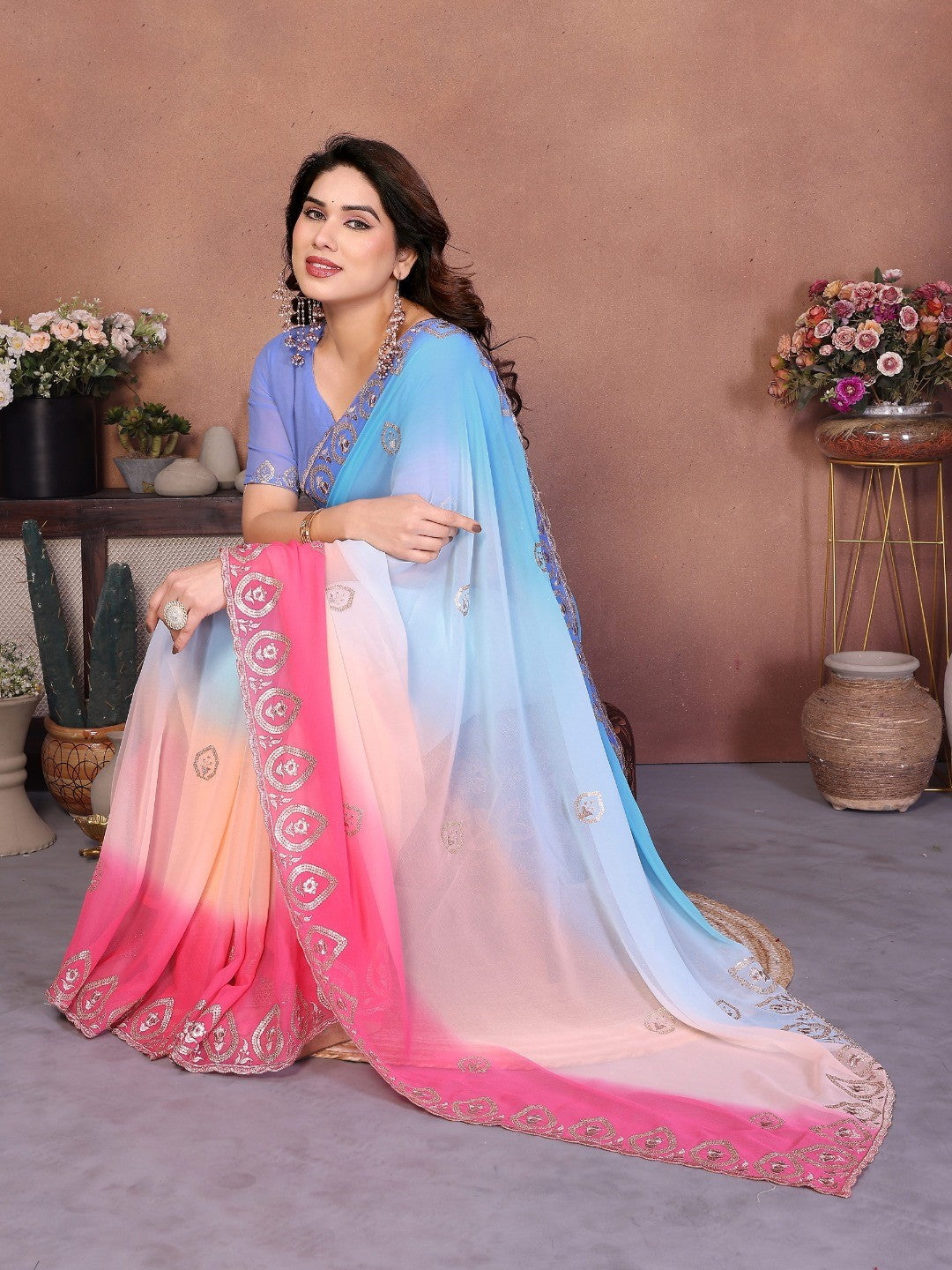 Multicolor Georgette Party Wear Saree with Designer Embroidered Border - Image 3