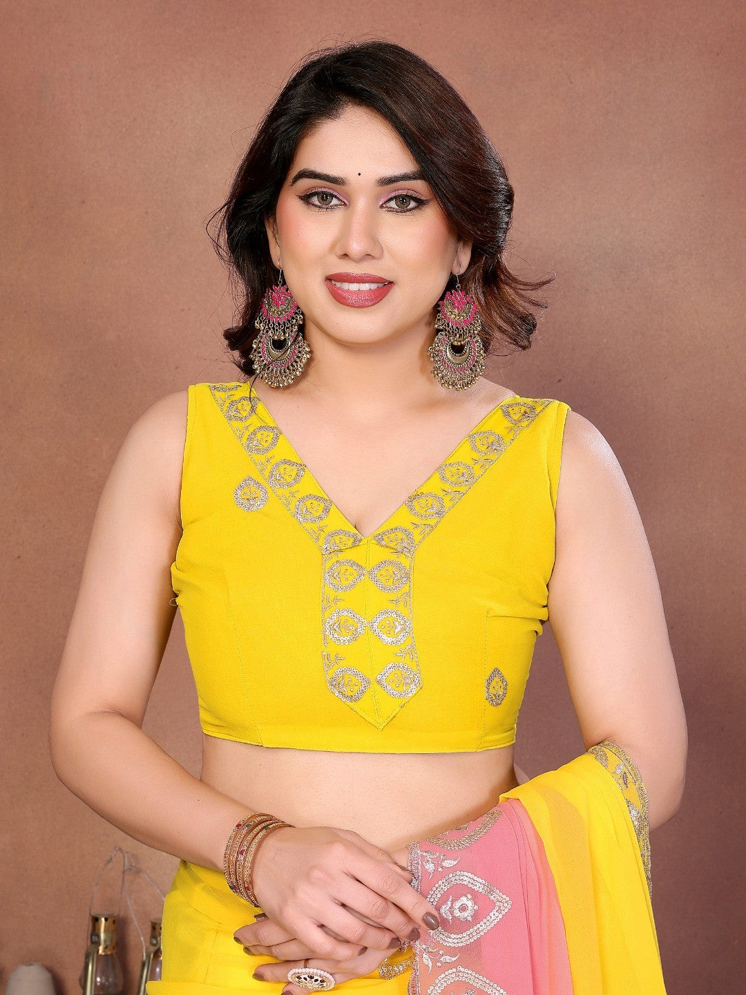 Yellow & Peach Georgette Party Wear Saree with Designer Embroidered Border - Image 4