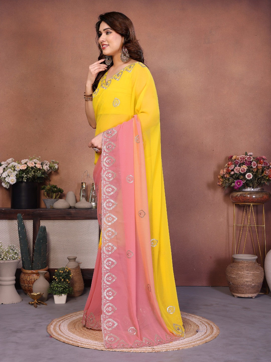 Yellow & Peach Georgette Party Wear Saree with Designer Embroidered Border - Image 3