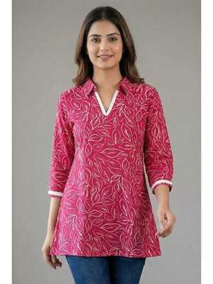 Pink Rayon Floral Printed Straight-Fit Casual Wear Top - Image 1