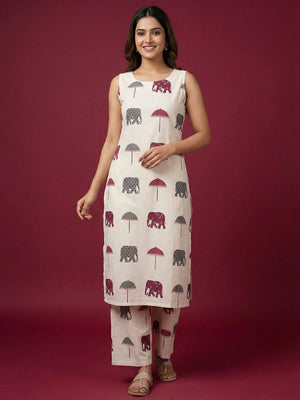 Off White & Maroon Pure Cotton Co-Ord Set with Abstract Print and Straight Fit Silhouette - Image 1