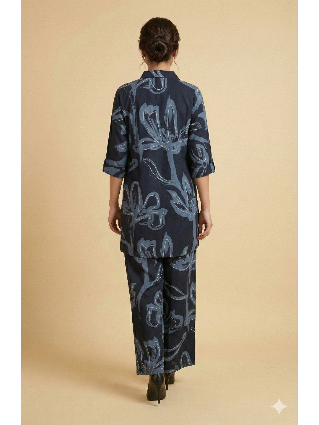 Navy Blue Abstract Printed Rayon Shirt-Style Top and Bottom Set for Casual Outings and Relaxed Styling - Image 3