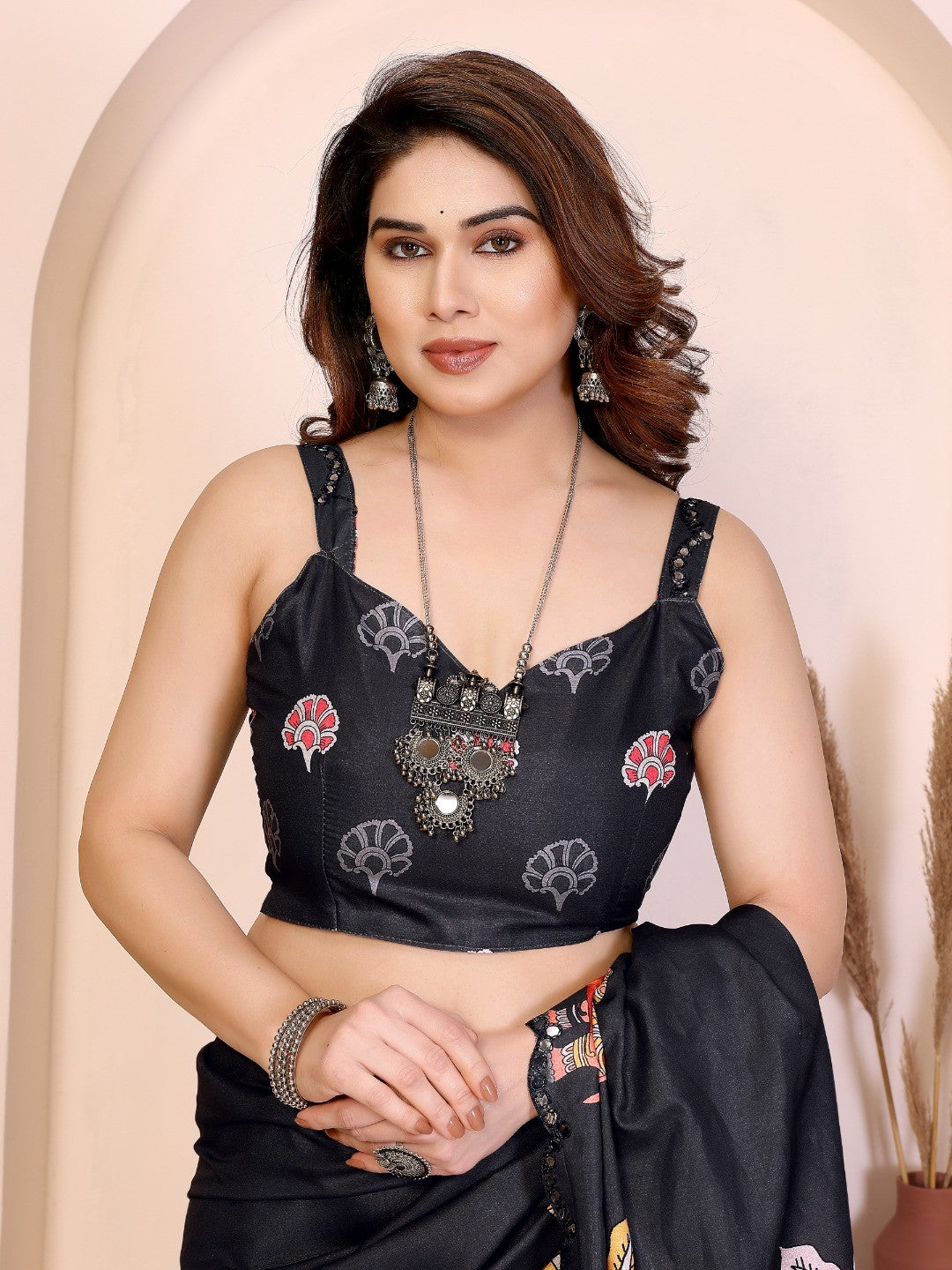 Black Silk Blend Saree with Digital Print & Mirror Embellished Border - Image 3