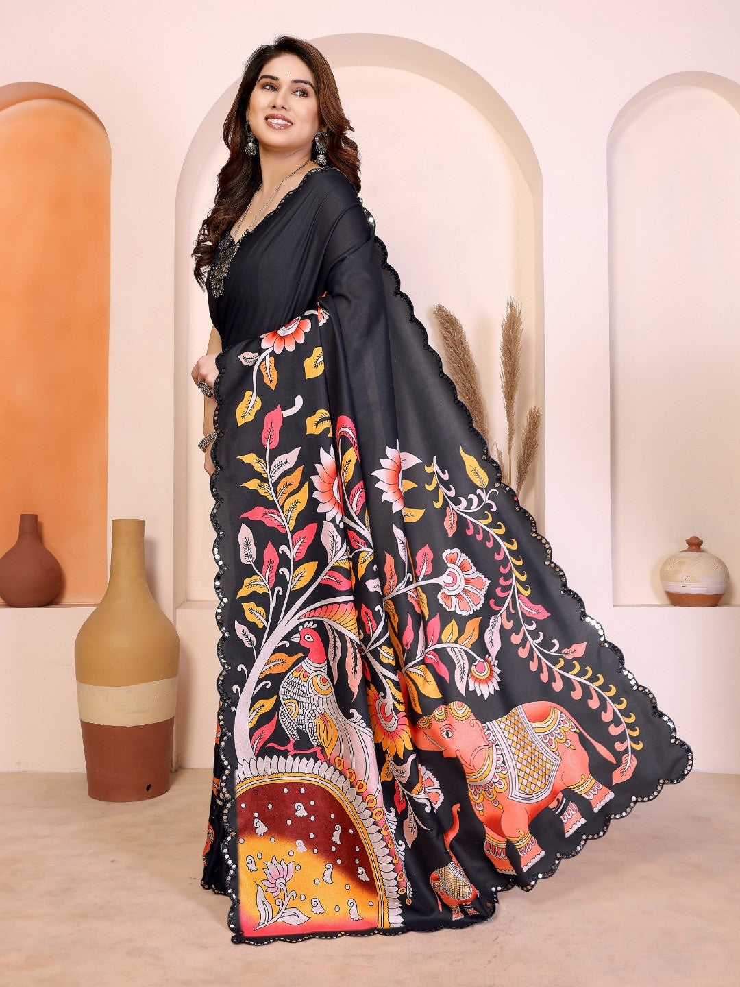 Black Silk Blend Saree with Digital Print & Mirror Embellished Border - Image 3