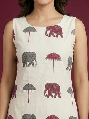 Off White & Maroon Pure Cotton Co-Ord Set with Abstract Print and Straight Fit Silhouette - Image 2