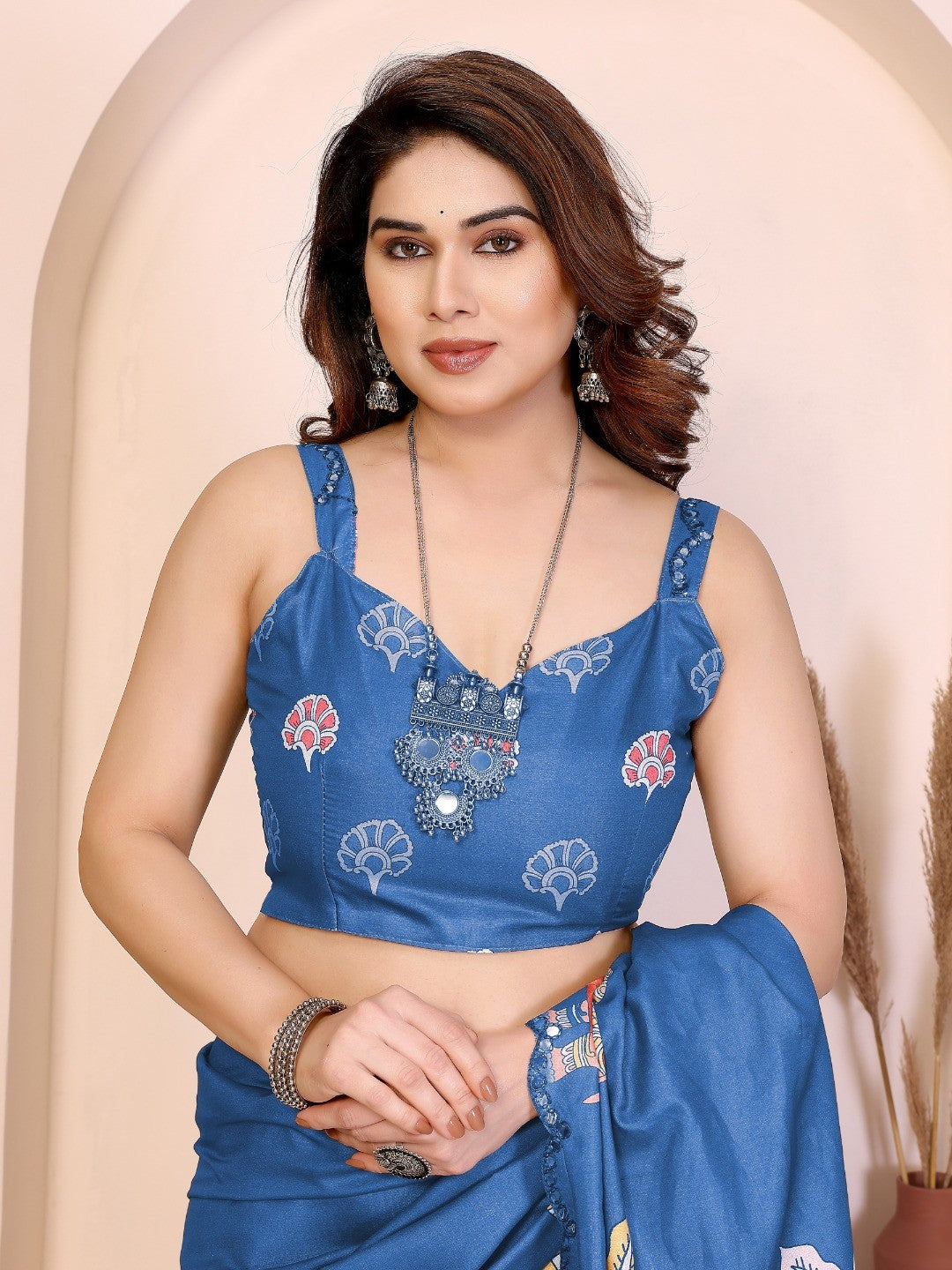 Blue Silk Blend Saree with Digital Print & Mirror Embellished Border - Image 3