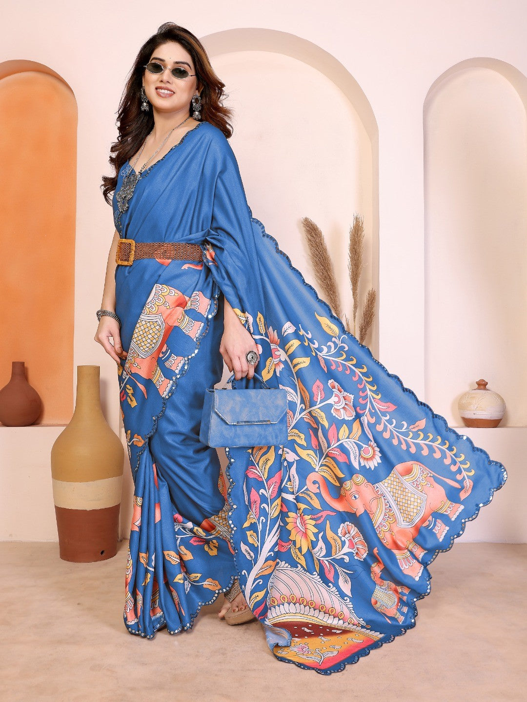 Blue Silk Blend Saree with Digital Print & Mirror Embellished Border - Image 5