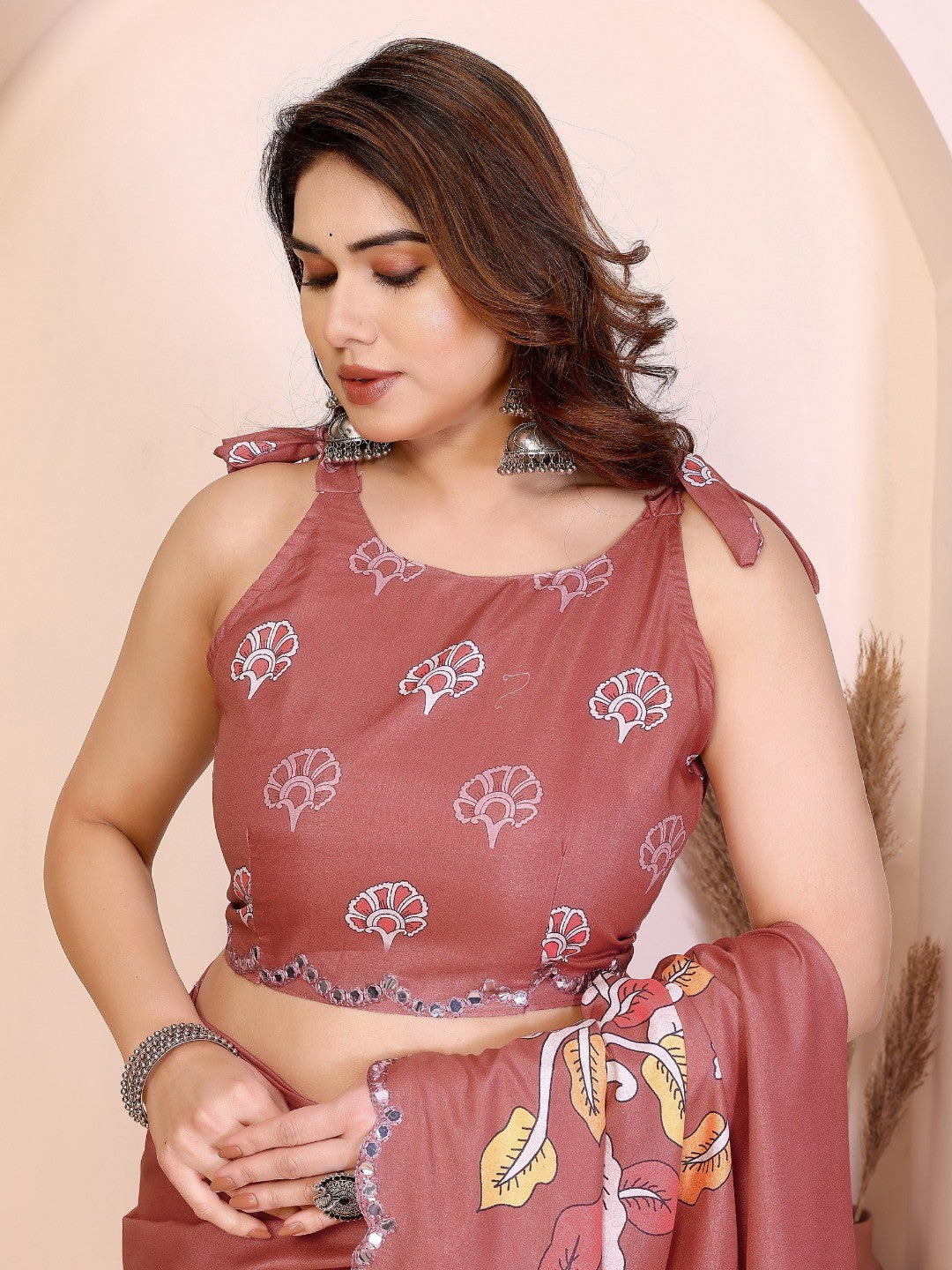 Brown Silk Blend Saree with Digital Print & Mirror Embellished Border - Image 3