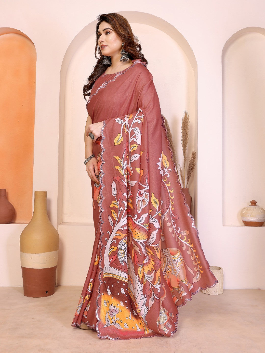 Brown Silk Blend Saree with Digital Print & Mirror Embellished Border - Image 4