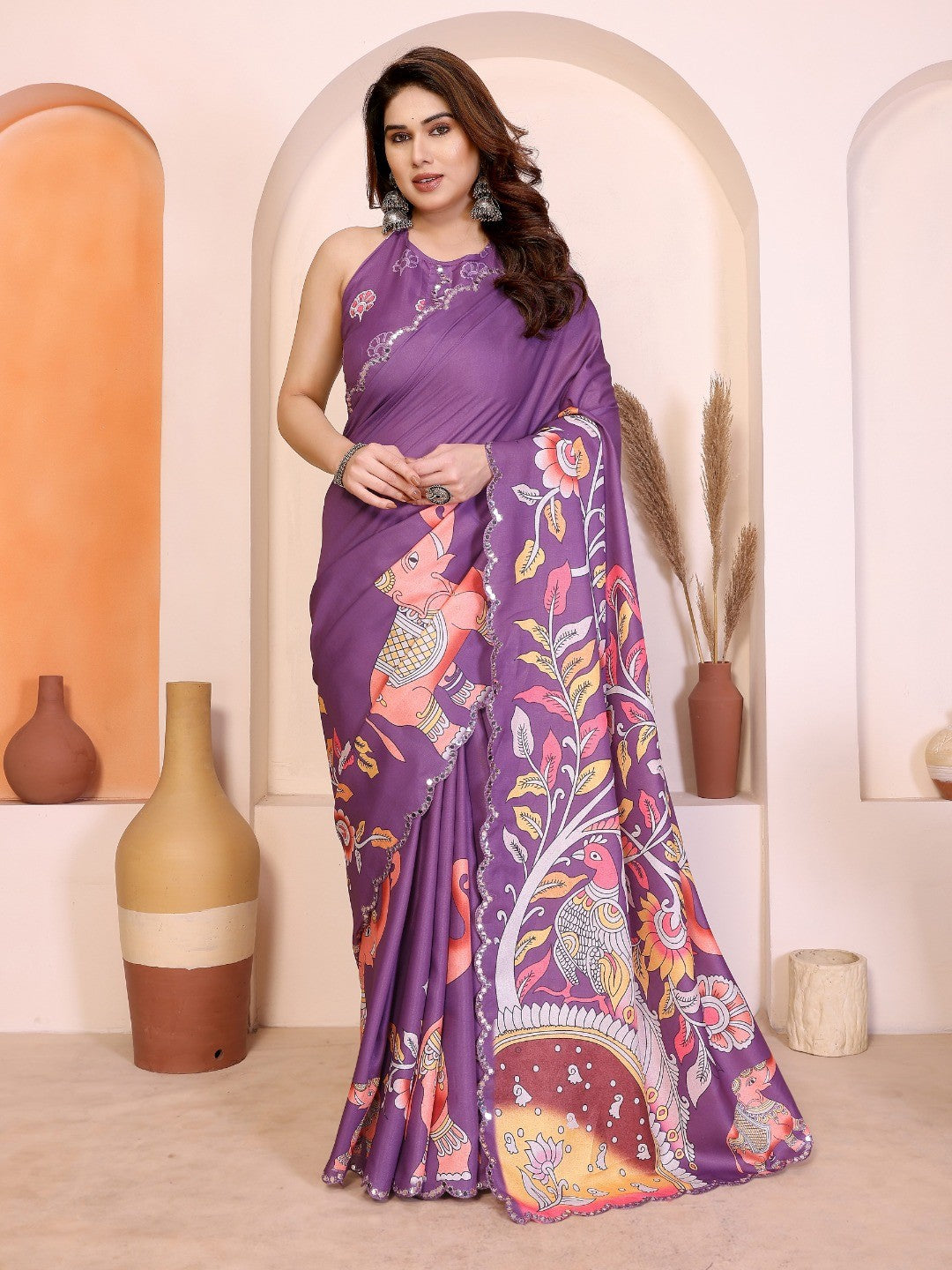 Dark Purple Silk Blend Saree with Digital Print & Mirror Embellished Border - Image 1