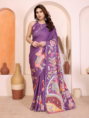 Dark Purple Silk Blend Saree with Digital Print & Mirror Embellished Border - Image 1