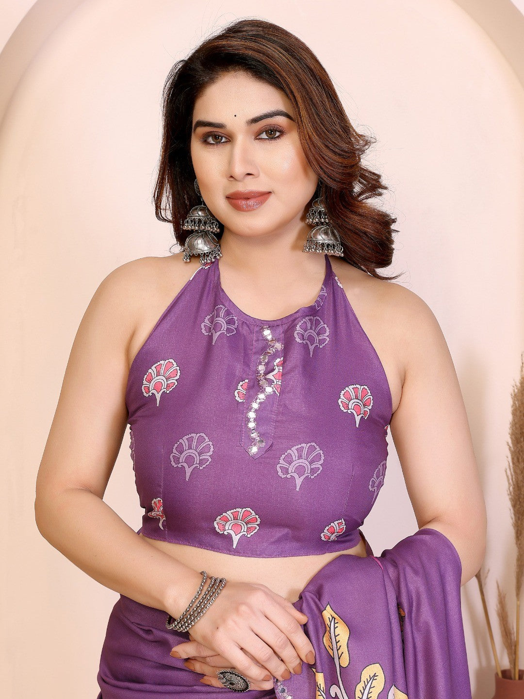 Dark Purple Silk Blend Saree with Digital Print & Mirror Embellished Border - Image 3