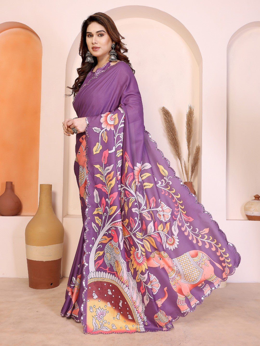 Dark Purple Silk Blend Saree with Digital Print & Mirror Embellished Border - Image 4