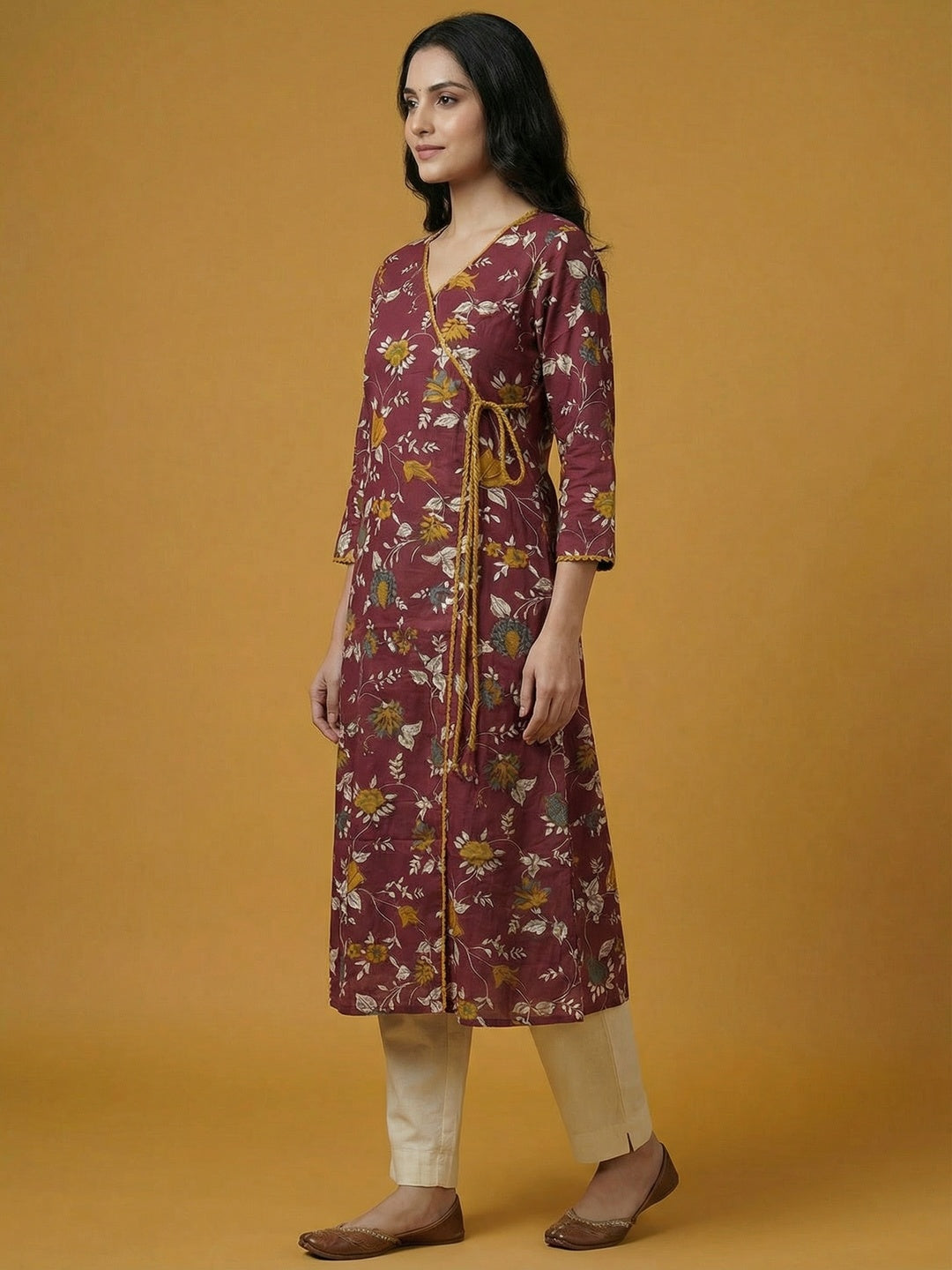 Maroon Floral Printed Pure Cotton Angrakha Style Kurti - Image 3