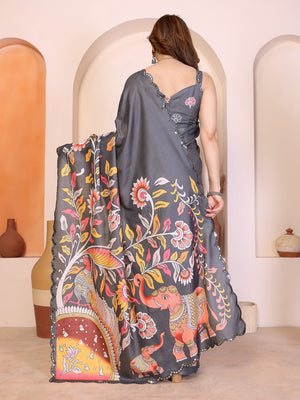 Grey Silk Blend Saree with Digital Print & Mirror Embellished Border - Image 1