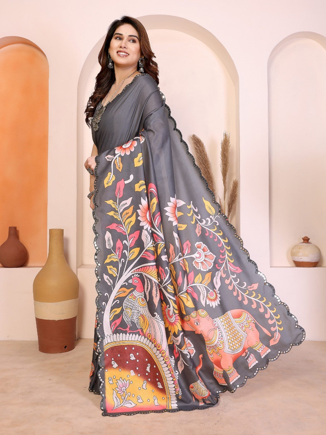 Grey Silk Blend Saree with Digital Print & Mirror Embellished Border - Image 5