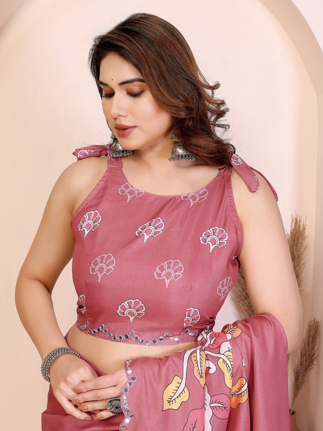 Peach Silk Blend Saree with Digital Print & Mirror Embellished Border - Image 3
