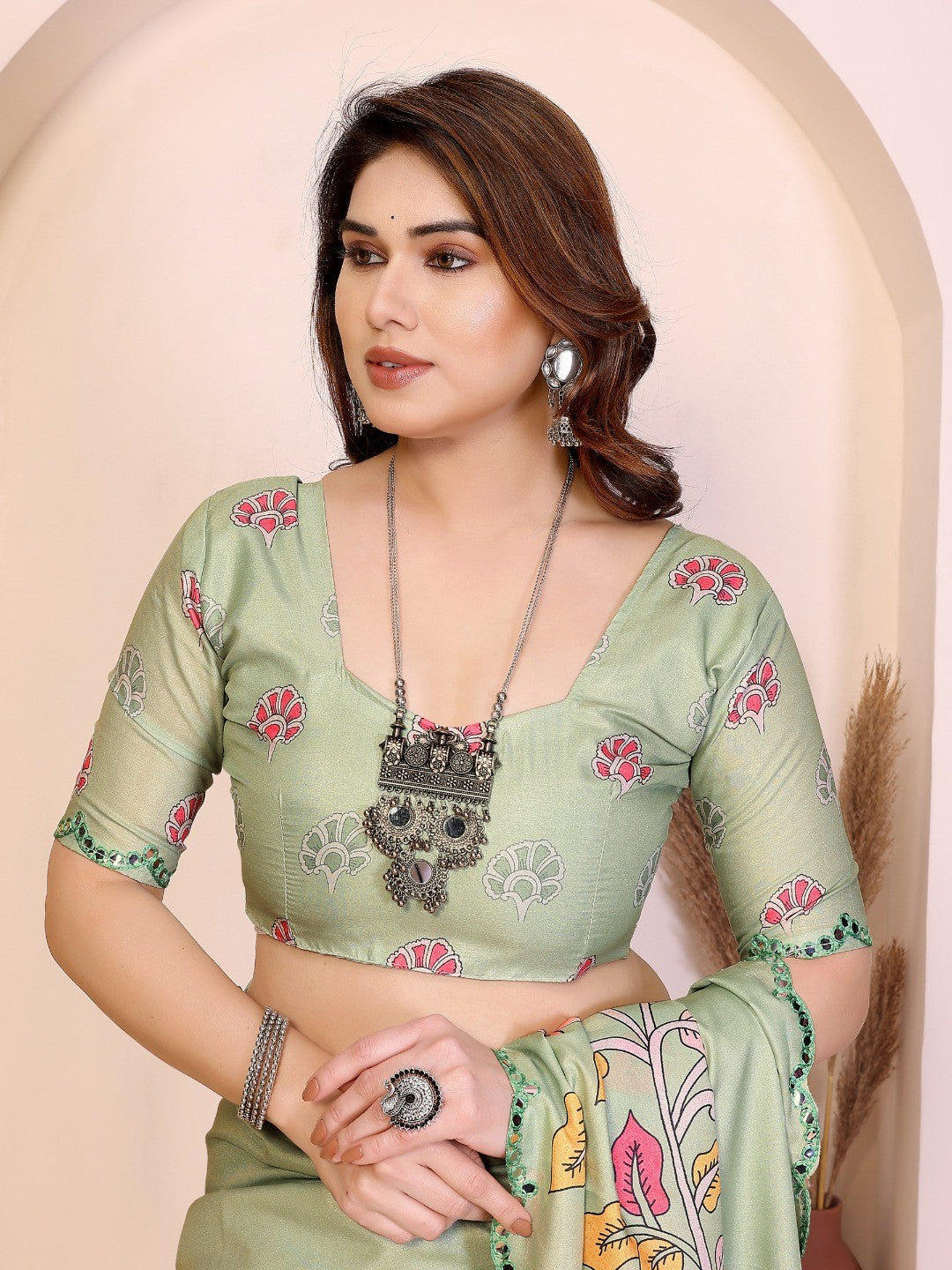 Pista Green Silk Blend Saree with Digital Print & Mirror Embellished Border - Image 5