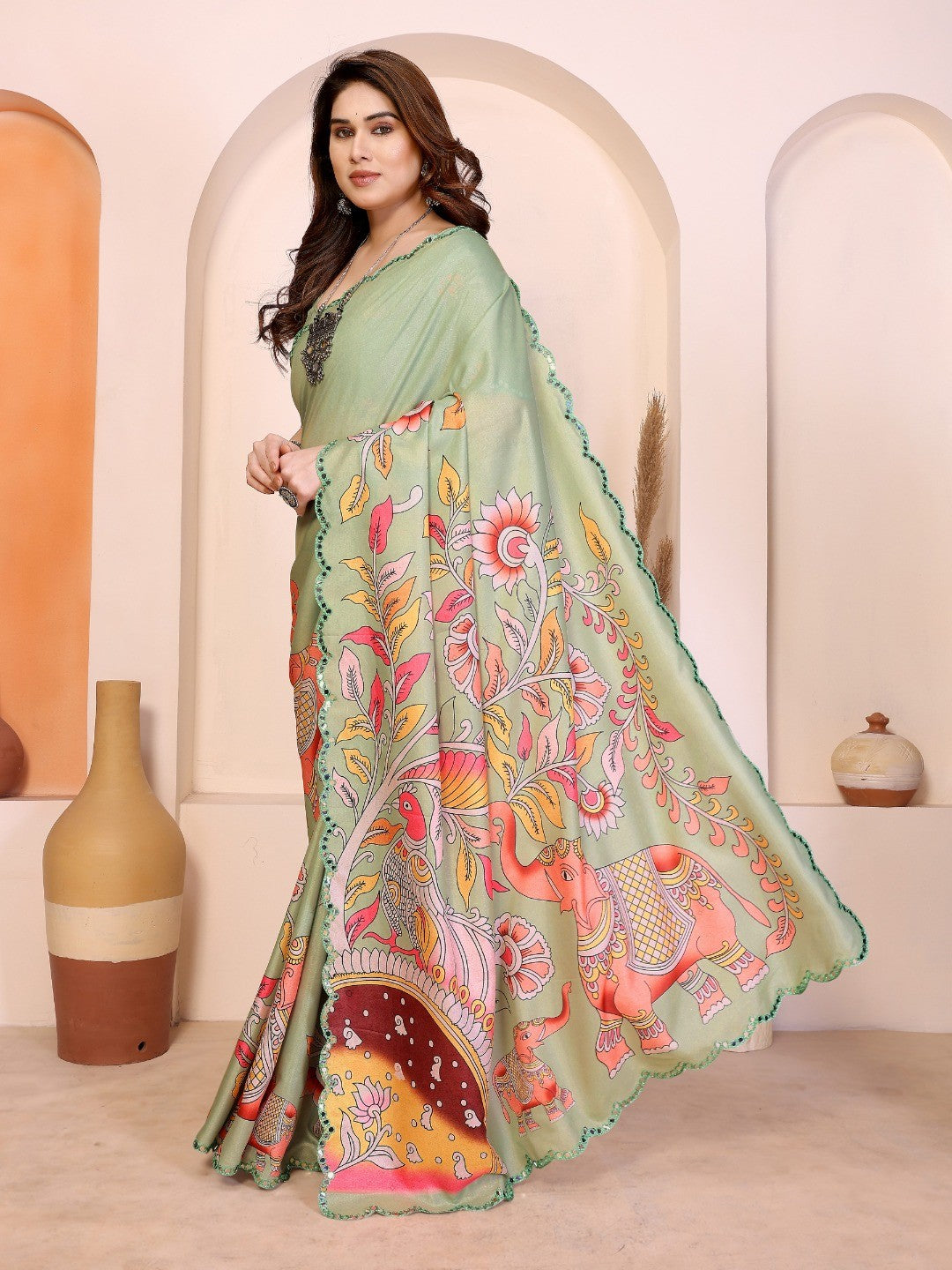 Pista Green Silk Blend Saree with Digital Print & Mirror Embellished Border - Image 2