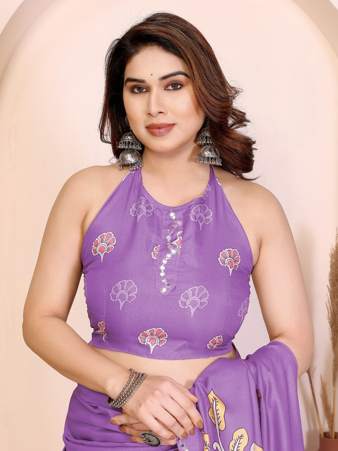 Purple Silk Blend Saree with Digital Print & Mirror Embellished Border - Image 3