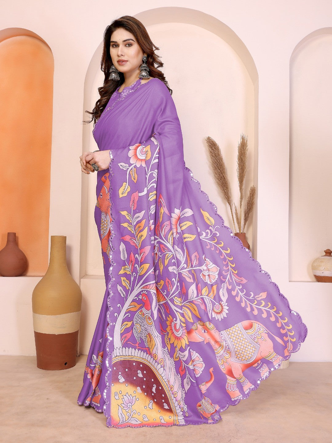 Purple Silk Blend Saree with Digital Print & Mirror Embellished Border - Image 4
