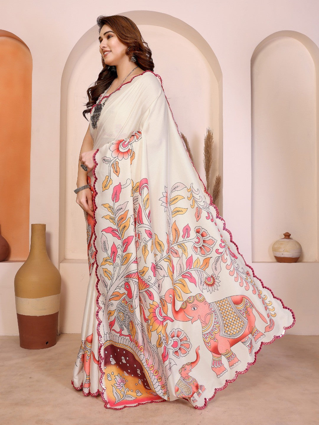 White Silk Blend Saree with Digital Print & Mirror Embellished Border - Image 4