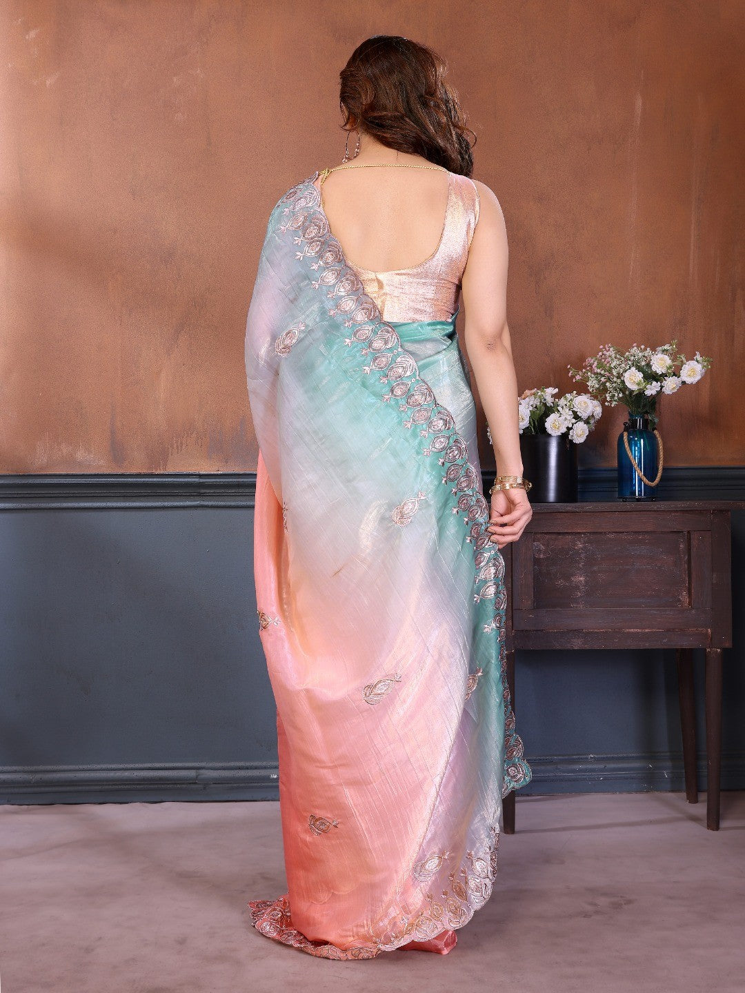 Graceful Peach Silk Blend Saree with Heavy Embroidered Detailing - Image 4
