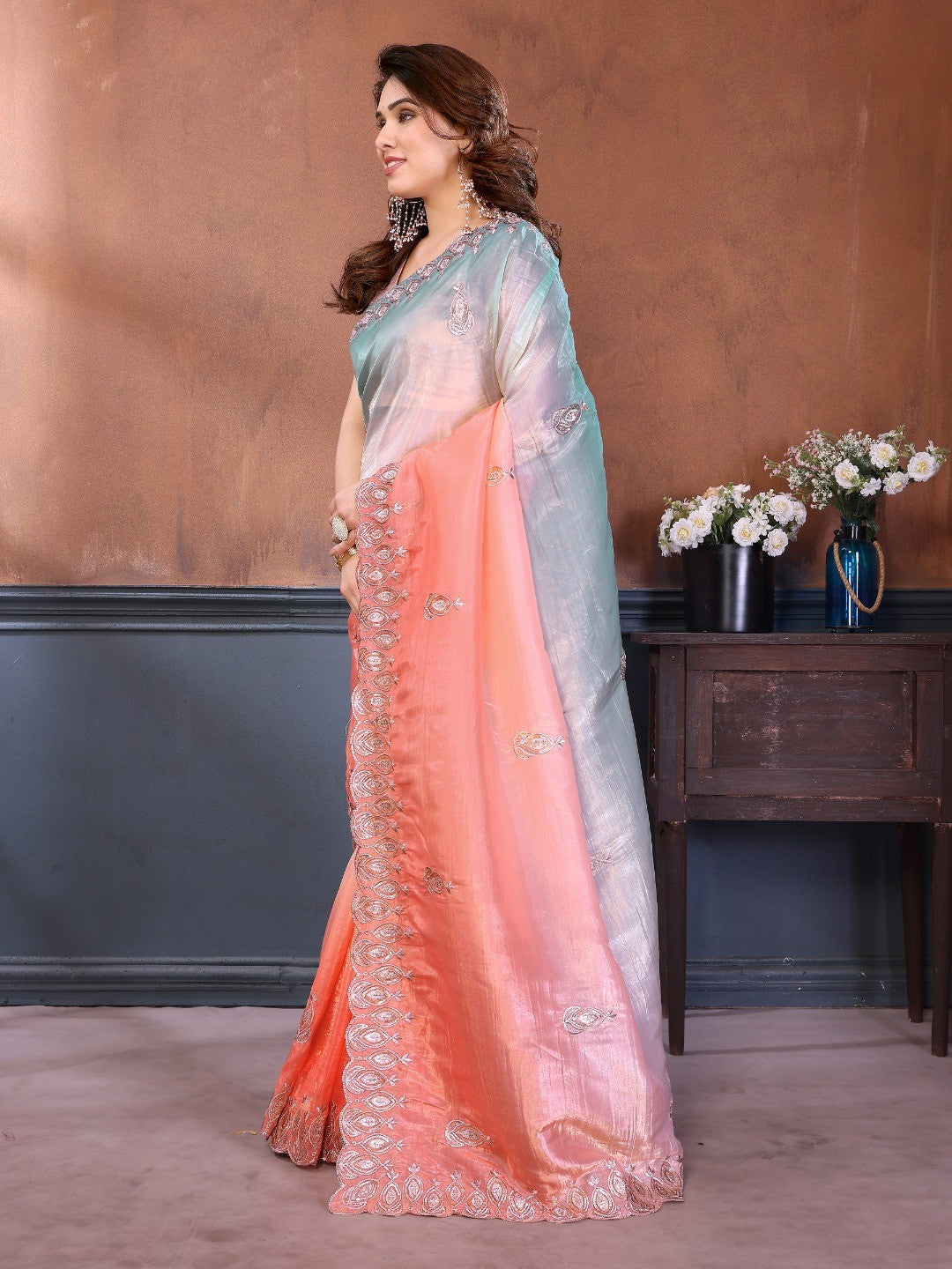 Graceful Peach Silk Blend Saree with Heavy Embroidered Detailing - Image 6
