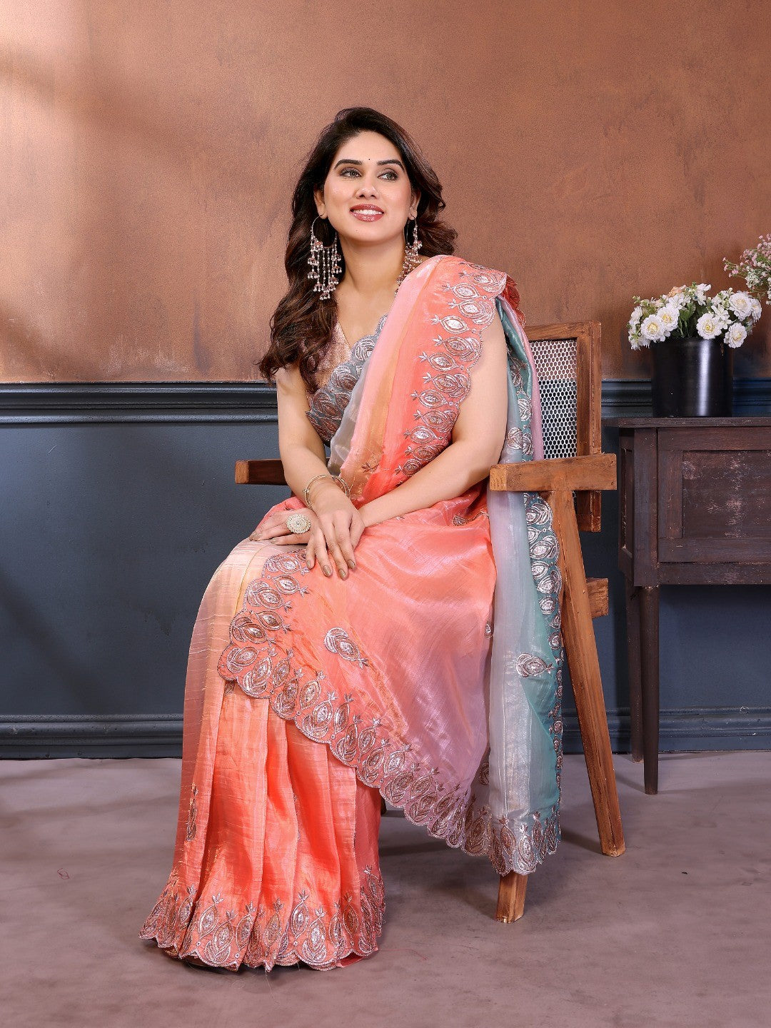 Graceful Peach Silk Blend Saree with Heavy Embroidered Detailing - Image 3