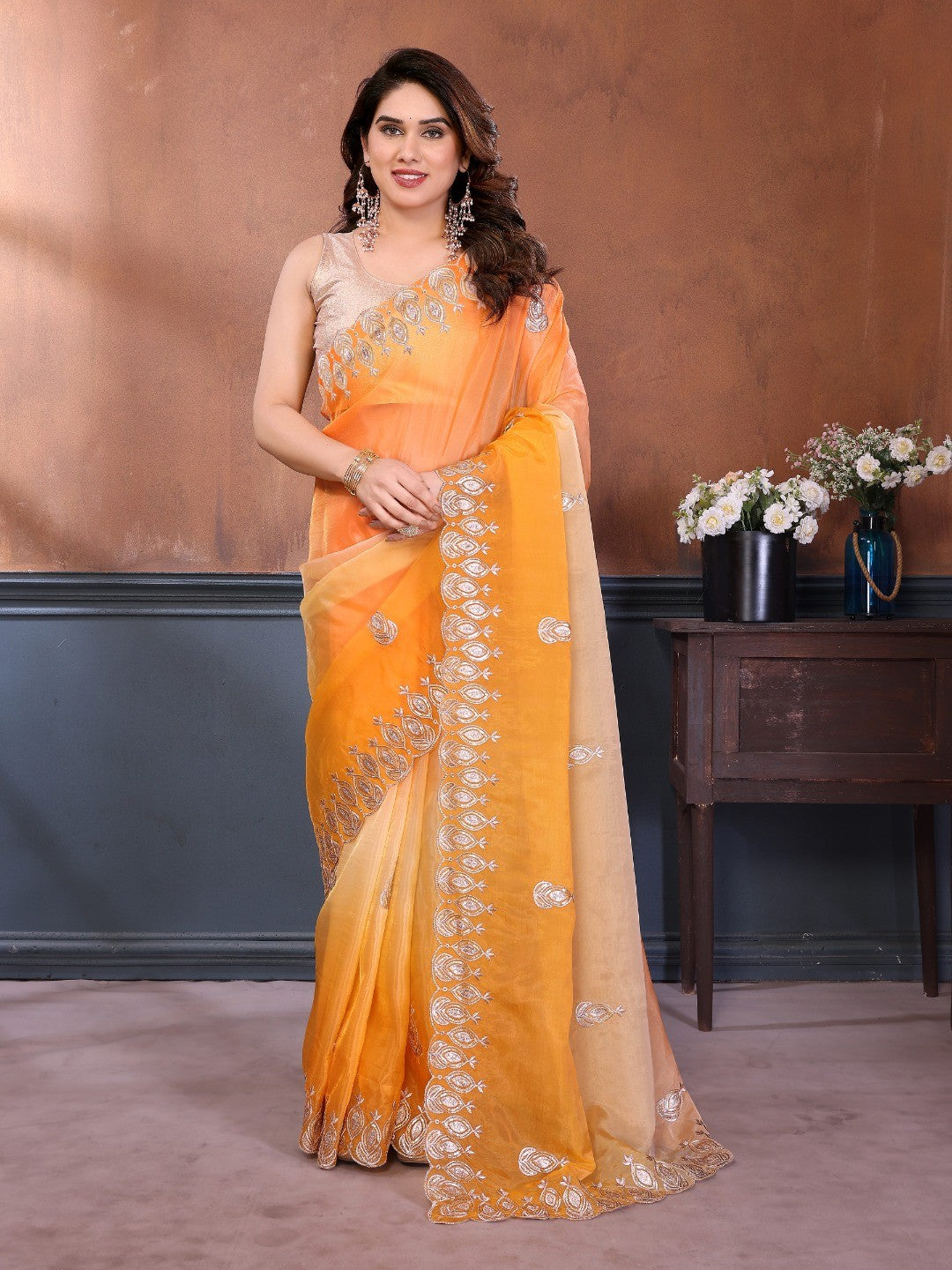 Graceful Yellow Silk Blend Saree with Heavy Embroidered Detailing - Image 1