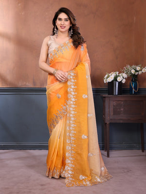Graceful Yellow Silk Blend Saree with Heavy Embroidered Detailing - Image 1