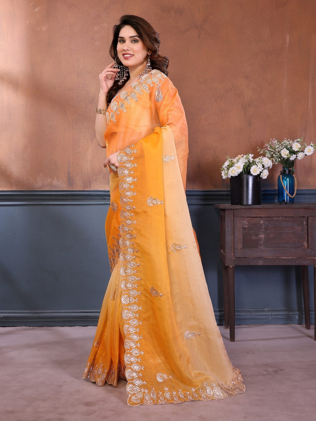 Graceful Yellow Silk Blend Saree with Heavy Embroidered Detailing - Image 4