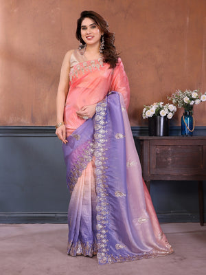 Graceful Lavender & Peach Blend Saree with Heavy Embroidered Detailing - Image 1