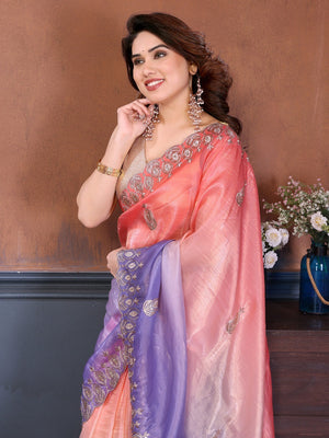 Graceful Lavender & Peach Blend Saree with Heavy Embroidered Detailing - Image 2