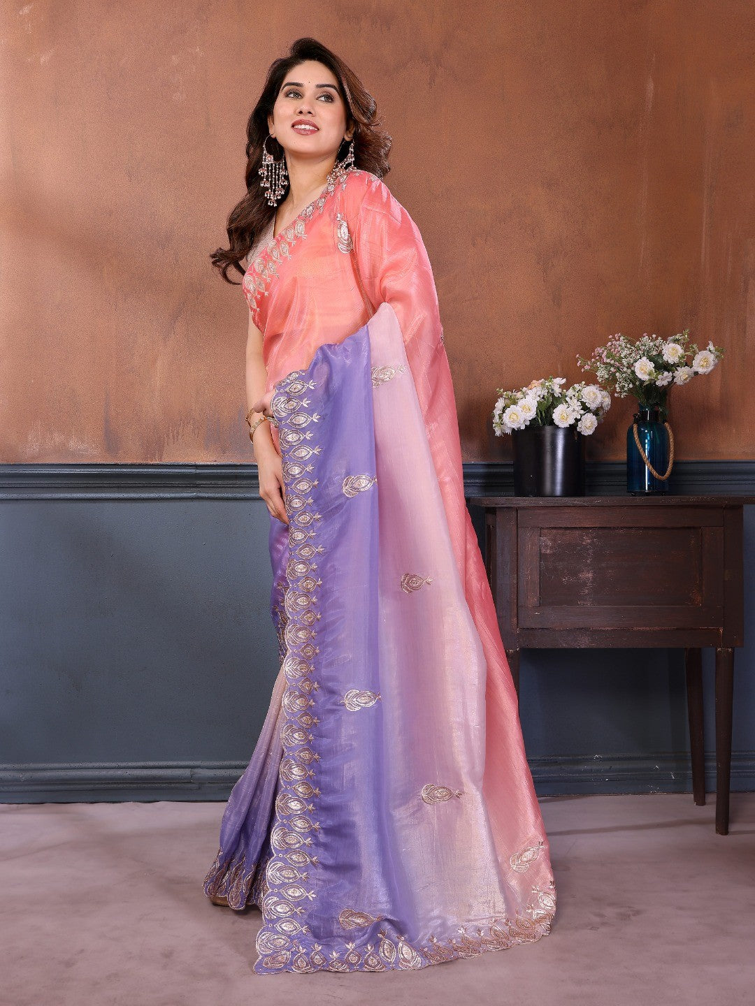 Graceful Lavender & Peach Blend Saree with Heavy Embroidered Detailing - Image 5