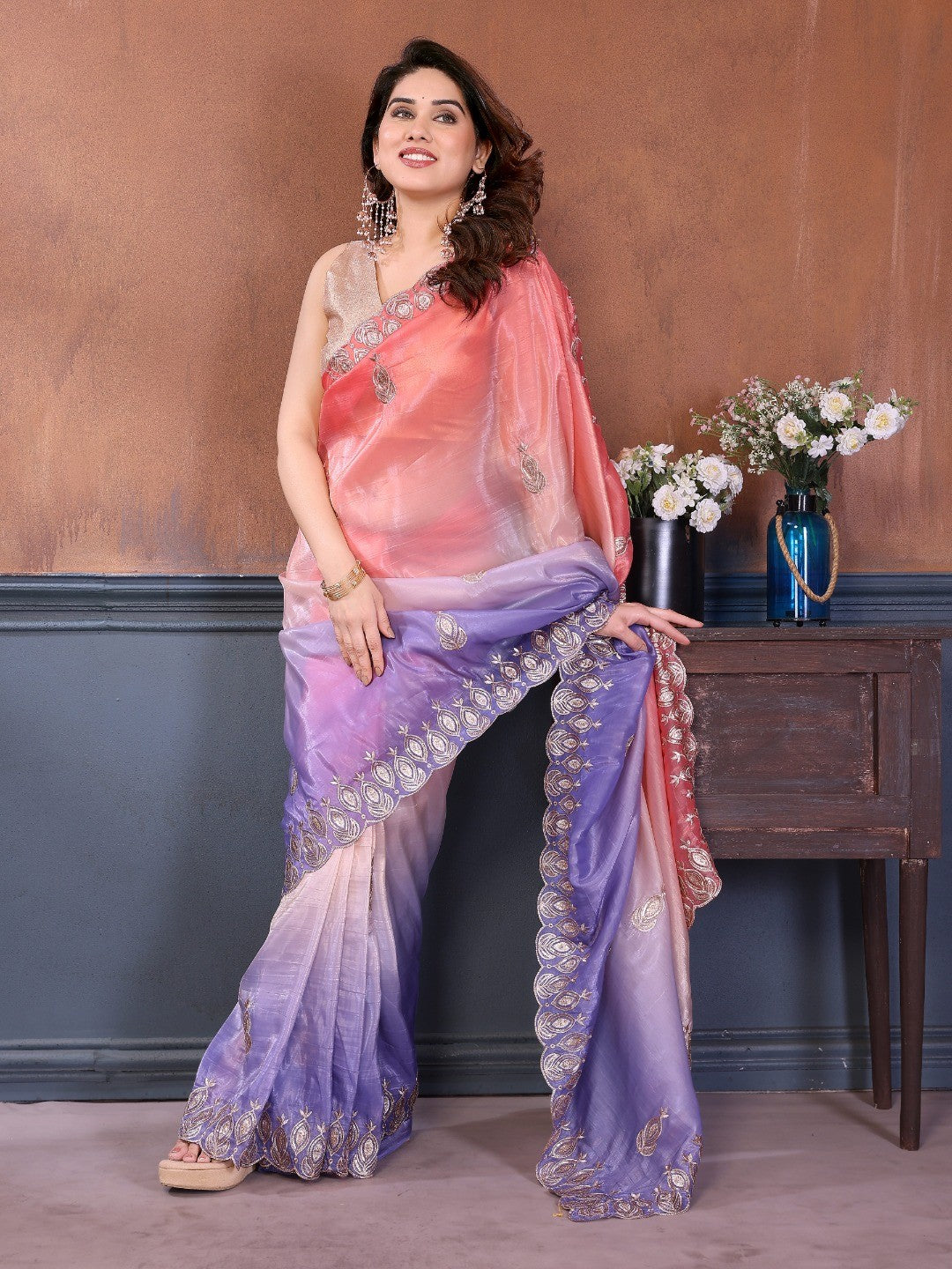 Graceful Lavender & Peach Blend Saree with Heavy Embroidered Detailing - Image 6