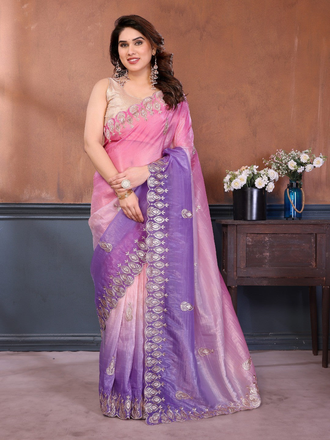 Graceful Pink & Lavender Silk Blend Saree with Heavy Embroidered Detailing - Image 2