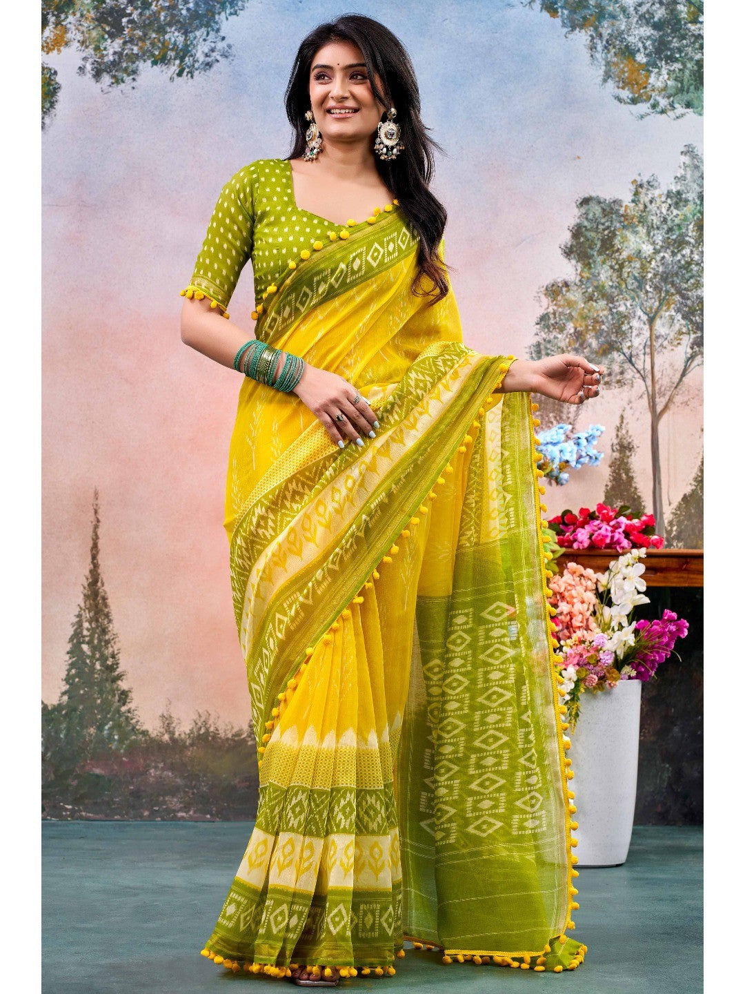 Yellow Printed Cotton Blend Saree With Pumpum Lace - Image 1