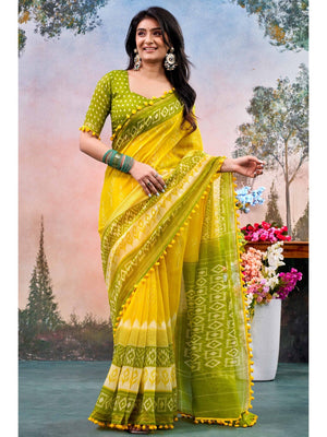 Yellow Printed Cotton Blend Saree With Pumpum Lace - Image 1