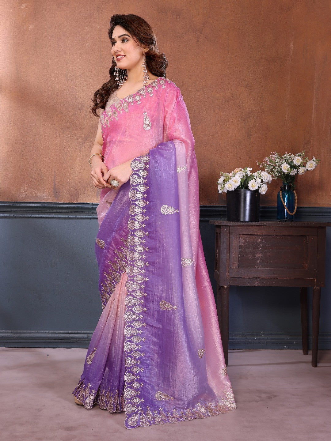 Graceful Pink & Lavender Silk Blend Saree with Heavy Embroidered Detailing - Image 1