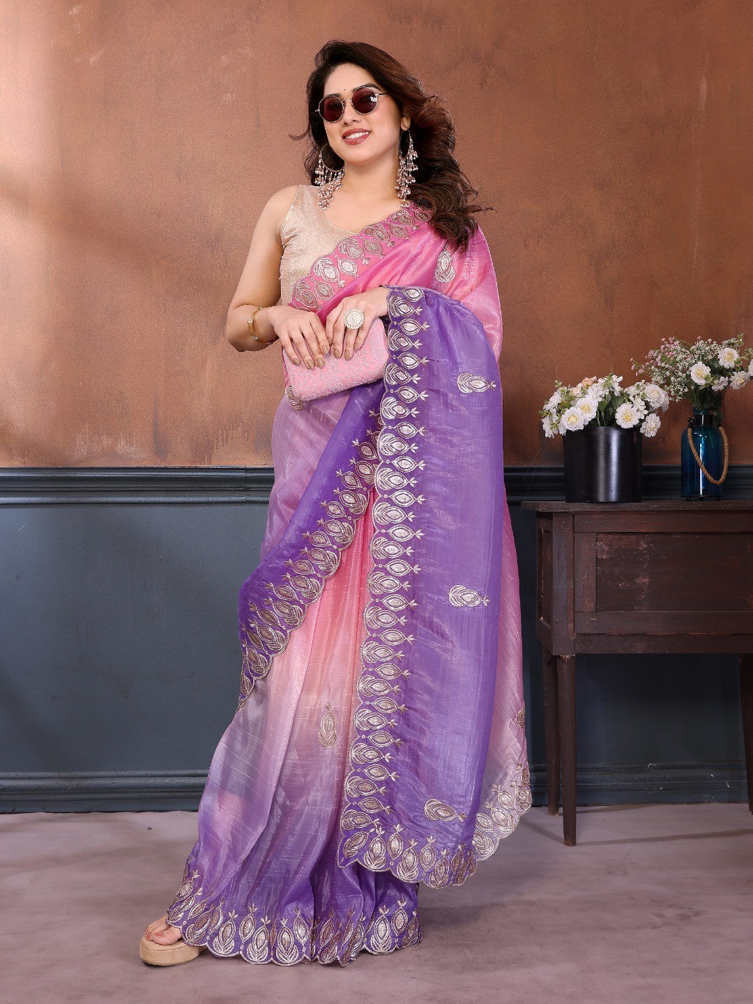 Graceful Pink & Lavender Silk Blend Saree with Heavy Embroidered Detailing - Image 3