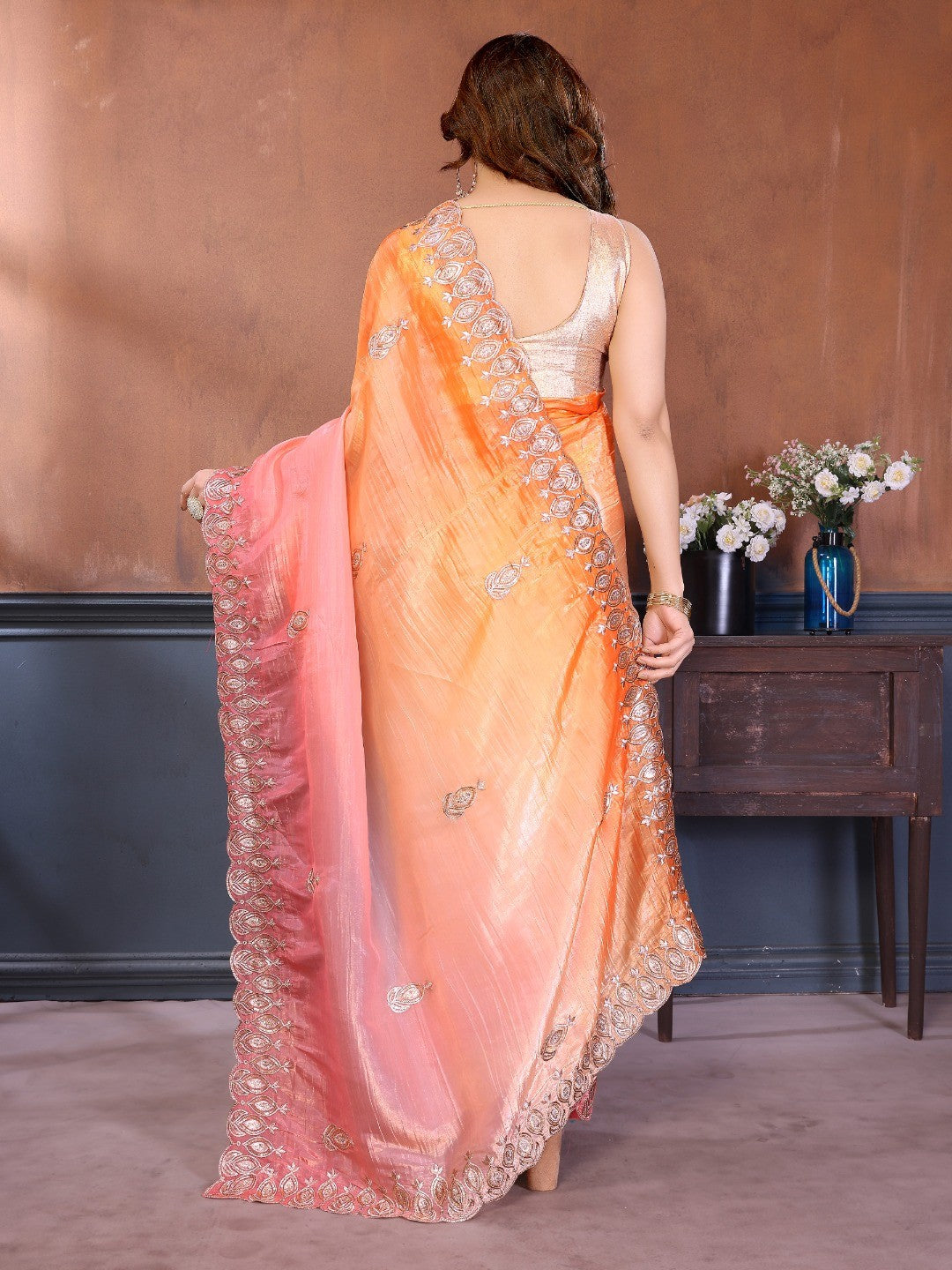 Graceful Orange & Pink Silk Blend Saree with Heavy Embroidered Detailing - Image 4
