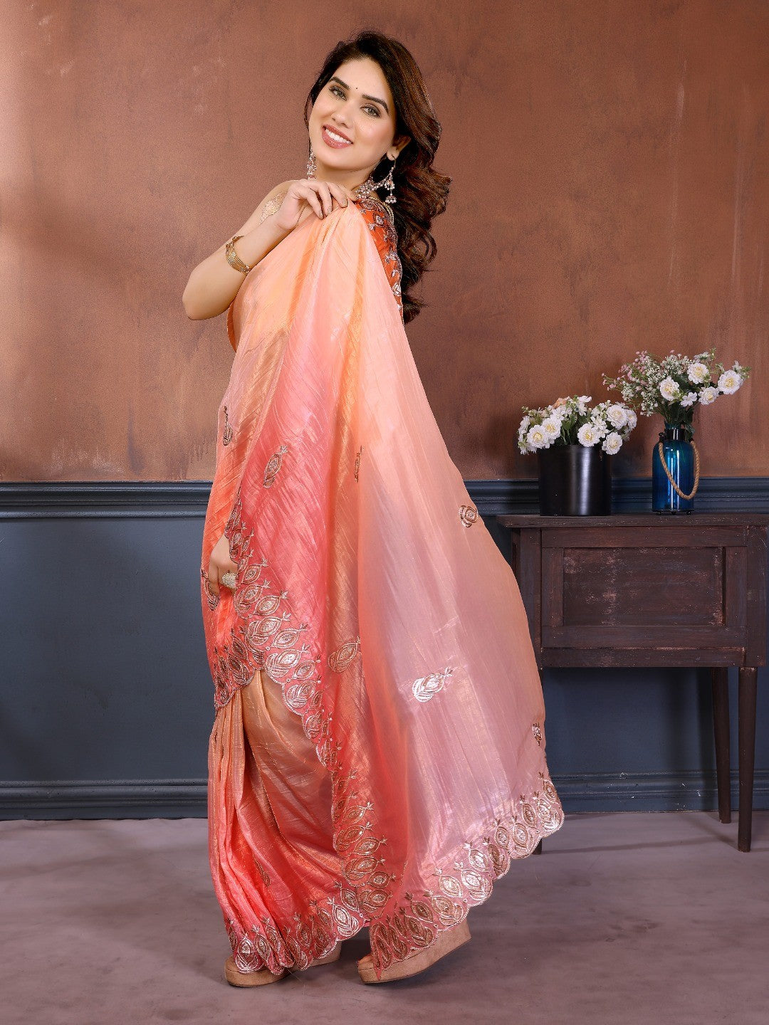 Graceful Orange & Pink Silk Blend Saree with Heavy Embroidered Detailing - Image 6