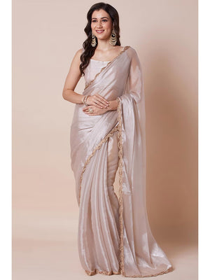 Elegant Cream Solid Art Silk Saree with Delicate Lace Border - Image 1