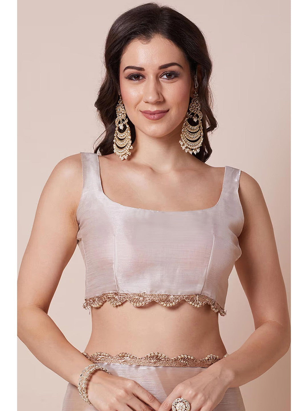 Elegant Cream Solid Art Silk Saree with Delicate Lace Border - Image 3