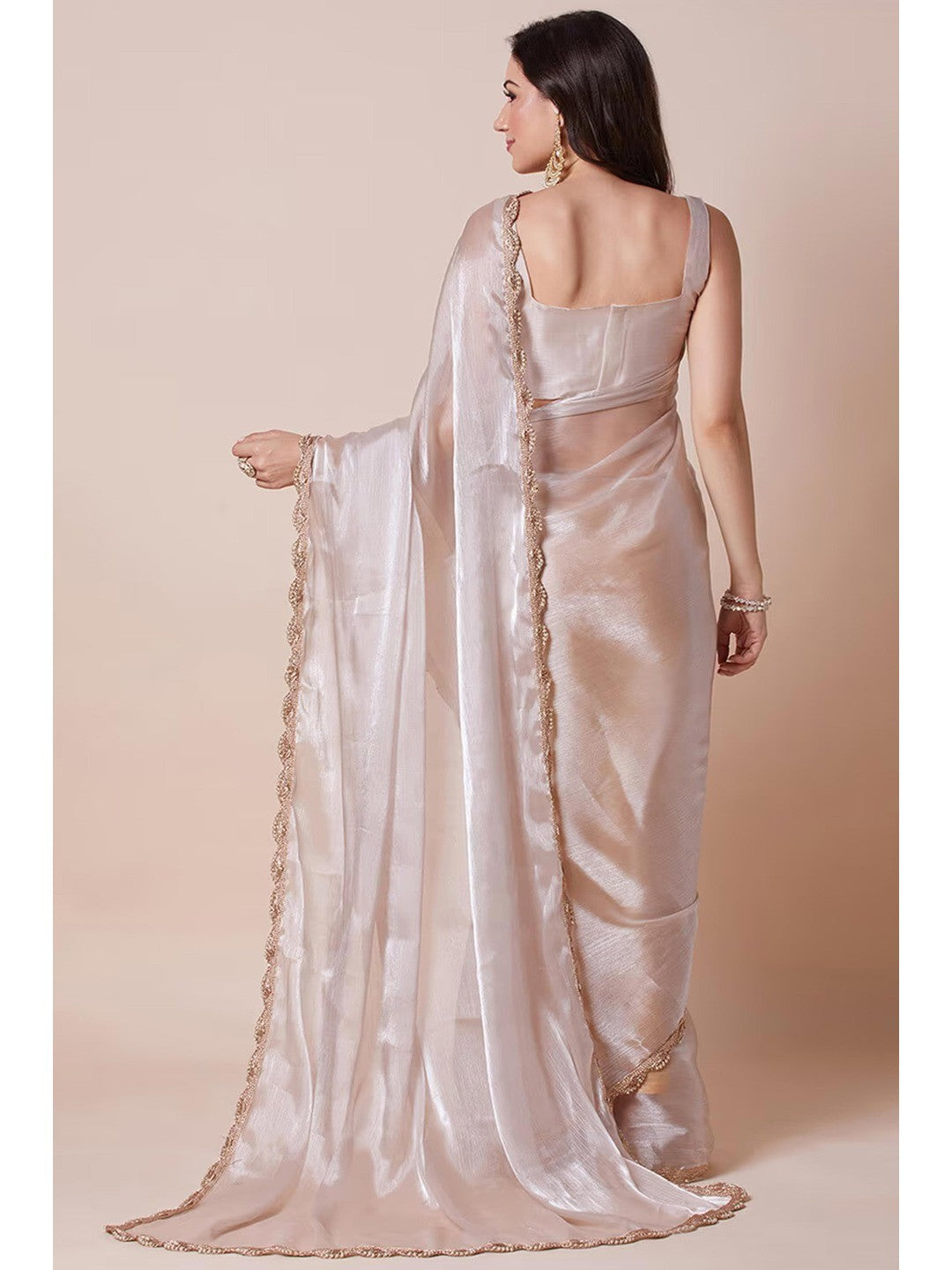 Elegant Cream Solid Art Silk Saree with Delicate Lace Border - Image 4