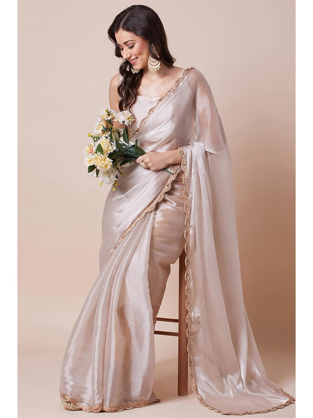 Elegant Cream Solid Art Silk Saree with Delicate Lace Border - Image 1