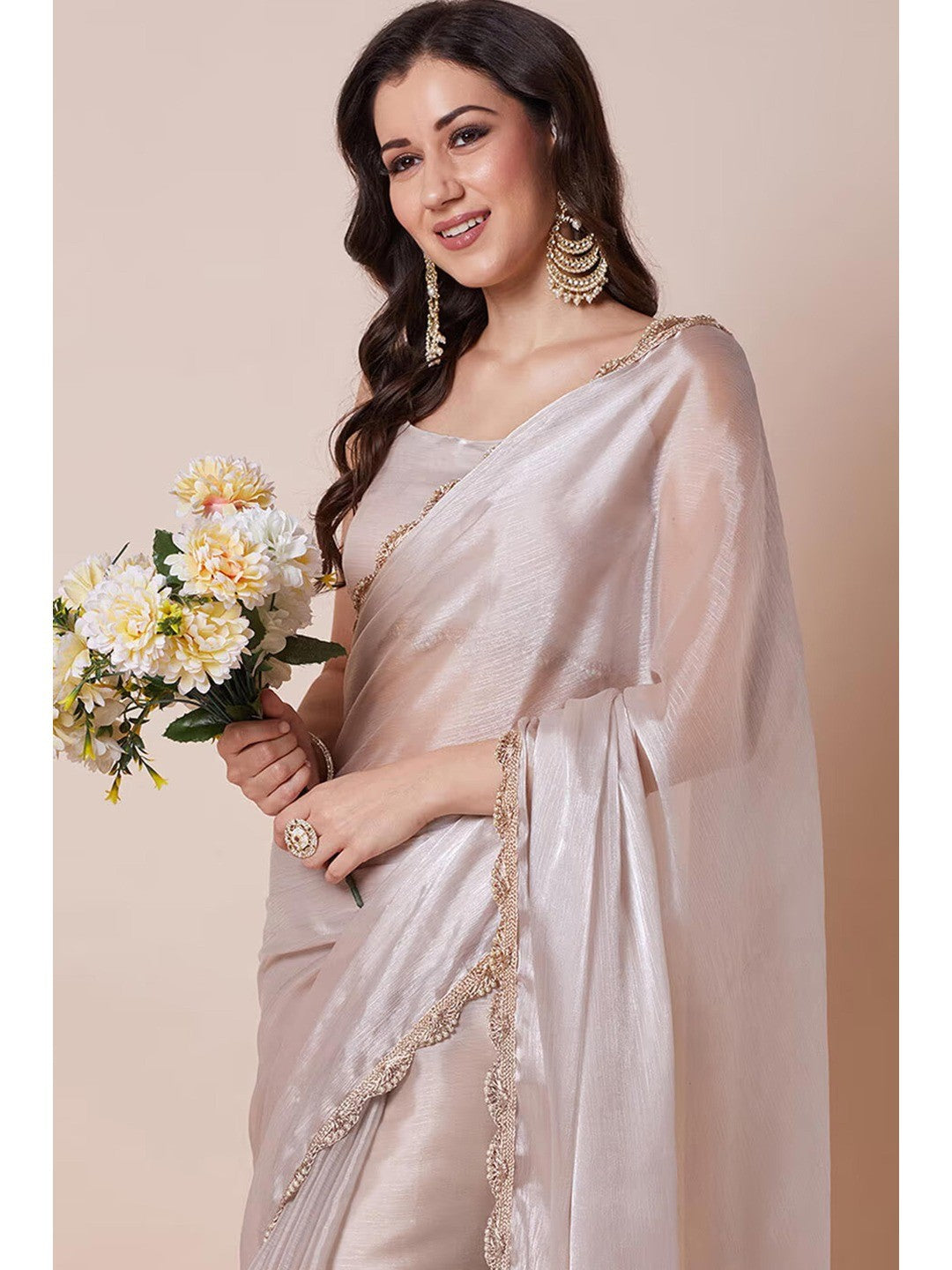 Elegant Cream Solid Art Silk Saree with Delicate Lace Border - Image 5